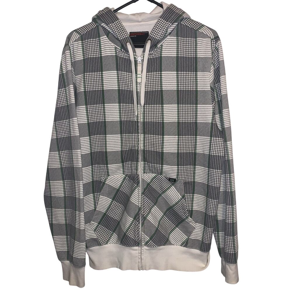 Vintage Y2K Union Bay Gray Green White Plaid Goth Full Zip Hooded Jacket Size M